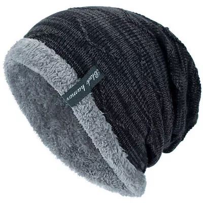 Boys Men Knitted Slouch Beanie Hat Slouchy Warm Thermal Fleece Lined Ski Cap . • £6.91