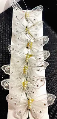 Set Of 7 White/Cream Mesh Butterflies -Gem Stones &  Pearl Beads - 7cm Wingspan • £2.50