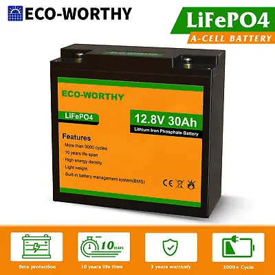 ECO-WORTHY 12V 30Ah LiFePO4 Lithium Battery 384Wh 3000+ Cycles For RV Boat • $83.27