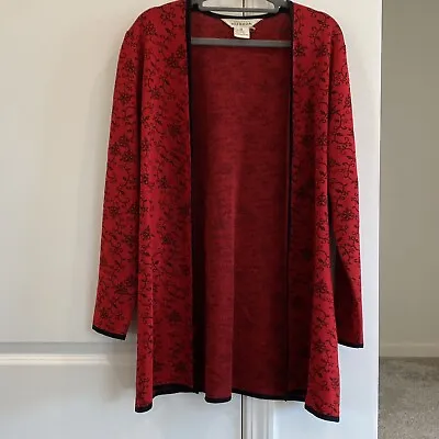 Exclusively Misook Open Cardigan Red Black Floral Print Long Sleeve Sz Medium • $43.99