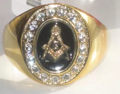 £20.99 • Buy Masonic Gold Ring Onyx Mens Black Signet Pinky 18kt Cz Steel Cubic Zirconia  766