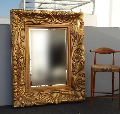 Large 57 Hx45  Vintage French Ornately Carved Gold Wall Mantle Beveled Mirror  • $2500