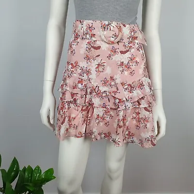 Mink Pink Size M 12 Short Mini Skirt Ruffle Layered Hem Pink Floral Lined Women • $19.23