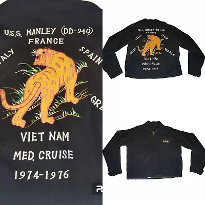 Vtg 70s Vietnam Souvenir Tour Cruise Jacket Tiger USS Manley Italy France S/M • $297.49