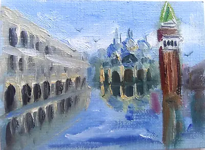 ACEO Original Oil Painting -  Venice St. Mark's Square In Water   - 2.5X3.5in MK • $9