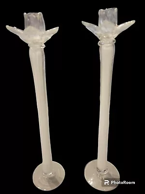 Pair Of Vintage Venetian Hand Blown Floriform Candlesticks 17  RARE FIND!!! • $299.99