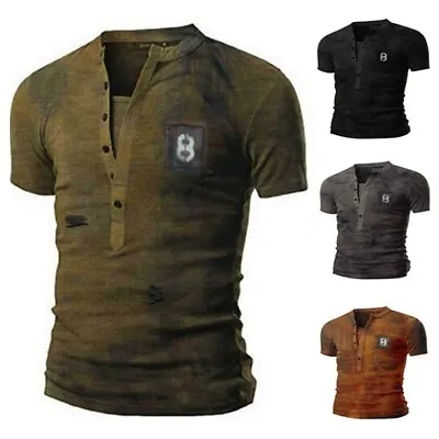 Men's Slim Fit V Neck T-shirt Muscle Casual Tops Short Sleeve Army Vintage Tee • $30.09
