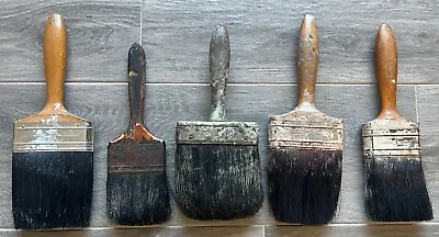 Vintage Large Paint Brush Lot Of 5 Wooden Handle Steampunk Horsehair Farmhouse • $95