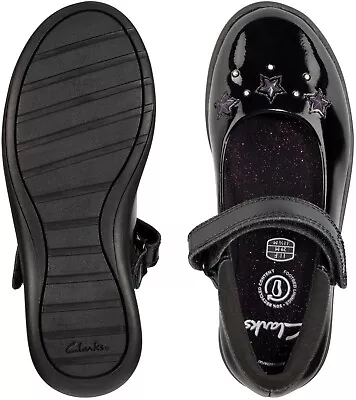 BNIB Clarks Girls Toddler ETCH BRIGHT T Black Patent Leather School Shoes • £19.99