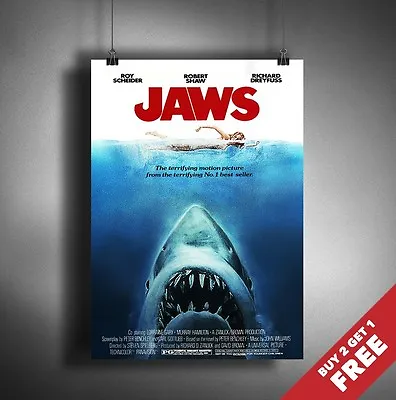 JAWS 1975 MOVIE POSTER A3 A4 * Classic Shark Movie Film Print Movie Wall Art • £8.49