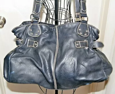 Women's Large Black Faux Leather Handbag / Purse With Silver Metal Trim • $19.99