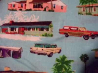 Hollywood 50's Cars & Houses Vintage Homes Car Blue Cotton Fabric Bthy • $5.65