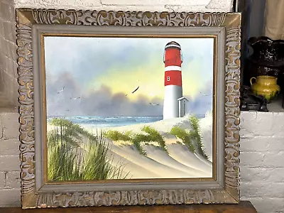 Vintage Lighthouse Painting W/ Wood Frame 26 1/4  X 23 1/4  Beach House Decor • $59