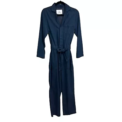 H&M &Denim Jumpsuit Collared Long Sleeve Tie Waist Pocket Blue Women Size 2 • $42.74