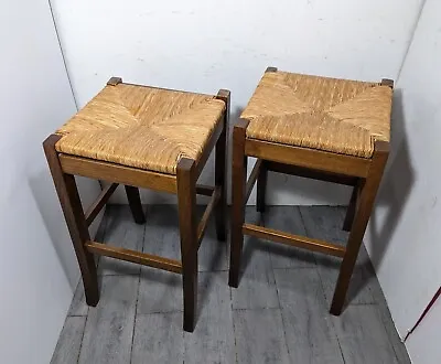 Vintage Pair Of Woven Rush Seat Bar Stools - Rustic Mid Century Modern Italy • $382.50