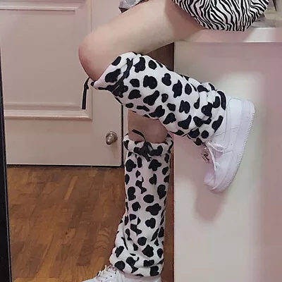 Women Jk Cow Print Mid-calf Leg Warmers Foot Cover Drawstring Sock Villus Socks • £8.26