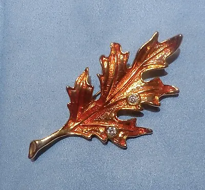 Vintage Enamel Leaf Brooch W/Rhinestones Orange Autumn Oak Leaf Pin • $9.40