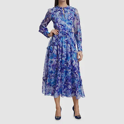 $515 Marchesa Notte Women's Blue Floral Side Cutout Tie-Neck A-Line Dress Size 6 • $165.18