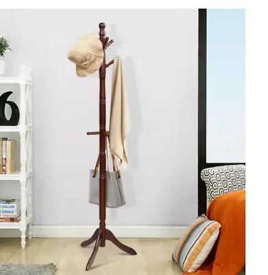 Wooden Coat Rack Stand Entryway Hall Tree Adjustable Height 9 Hooks Brown • $24.99