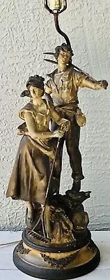 Art Nouveau Francaise L & F Moreau Farmers Figural Spelter 39  Antique Lamp • $345