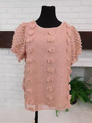 MINE Sz Large Blouse Pink Textured Pom Poms Short Sleeve Pullover Light Shirt • $14.95