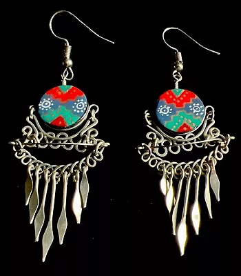 Vintage Multi Color Disc Boho Tassel Dangle Drop Chandelier French Wire Earrings • $9.40