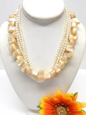 Vintage 925 Sterling Silver Genuine Pearl & Mother Of Pearl Bead Necklace 16  • $9.99