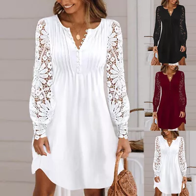 Women Lace Floral Mini Dress Ladies Button V Neck Long Sleeve Swing Shirt Dress • $19.99