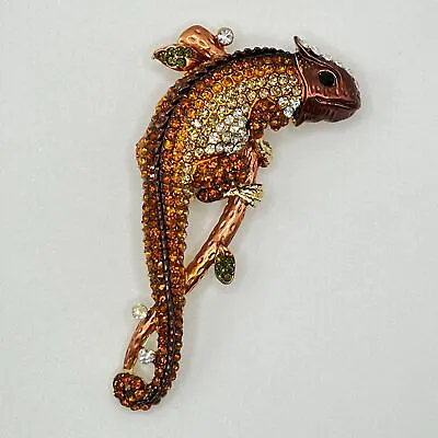 CHAMELEON BROOCH Pin Brown Amber Color Lizard Rhinestone Enamel Costume Jewelry • $13.84