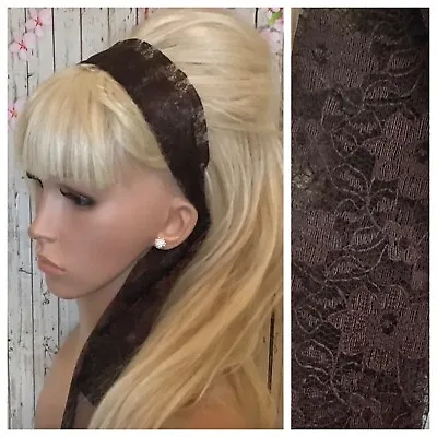 BROWN FLORAL LACE FABRIC HEADBAND HAIR TIE SCARF SELF TIE BOW 80s RETRO STYLE • £3.99