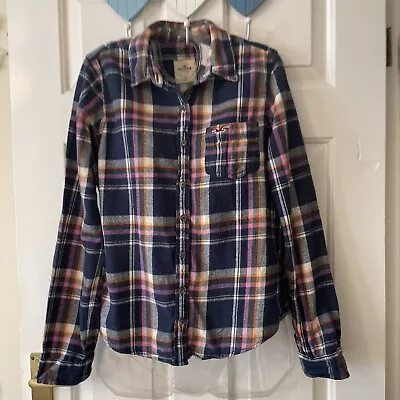 £6 • Buy Ladies Hollister Size M Navy/Pink Multi Check Long Sleeve Shirt