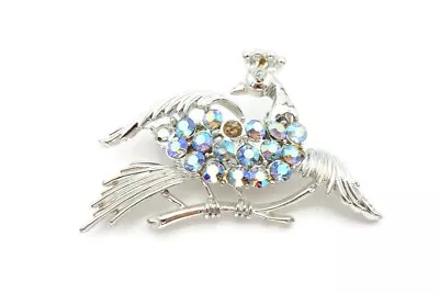 Vintage Peacock Brooch Pin Silver Tone Blue Rhinestone Aurora Borealis • $19.99