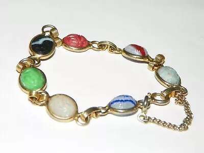 Vintage Faux Stone -Molded Glass Link Scarab Bracelet  Unsigned With Safty Chain • $13
