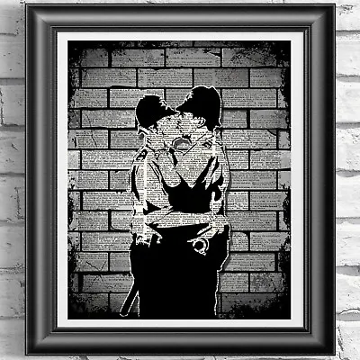 Banksy Kissing Coppers Print Wall Art On Antique Dictionary Book Page Art • £5.99