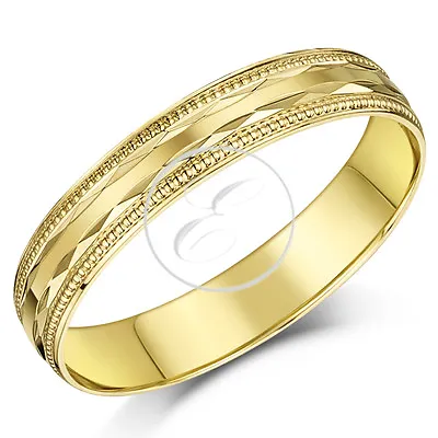 18ct Yellow Gold Ring Bead Diamond Cut Edge Light D Shaped Wedding Band • £240