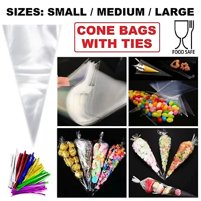 Clear Sweet Cone Bags Small Large Plastic Cellophane Party Cone Bags For Sweets • £2.59