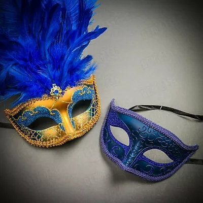 Venetian Masquerade Couple Men & Women Feather Masks For Party Costume - Blue • $24.90