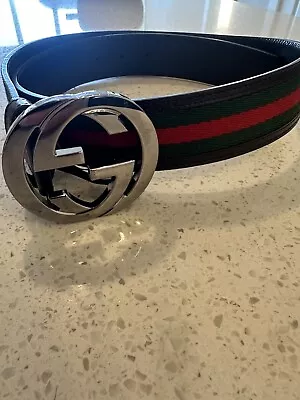 Authentic Gucci Web Green/Red Canvas Silver Interlocking G Buckle Belt 90/36 • $320