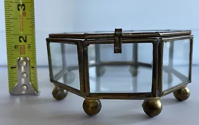 Vintage Octagonal Brass & Glass Ball Footed Jewelry Trinket Vanity Display Box • $18