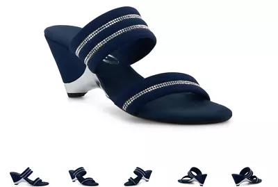 Onex Palloma Navy Silver Elastic Slide Wedge Sandal Women's US Sizes 5-11/NEW!!! • $149.95