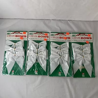 12 Trim A Tree Christmas White Fabric Gold Wite Bows Hand Twist Tie VINTAGE NOS • $20.39