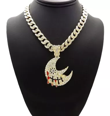 Cubic Zirconia Soul Eater Moon Pendant 16  ~ 30  Iced Cuban Chain Bling Necklace • $17.99