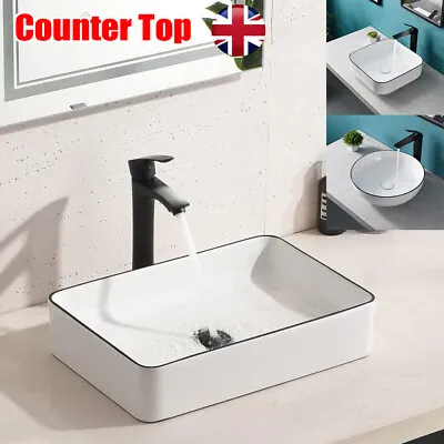 Bathroom Vanity Ceramic Wash Basin Cloakroom Sink Counter Top White With Black • £33.50