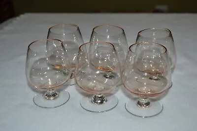 Vintage 6 Snifter PINK TINT SHINY Cognac Glasses 4oz Beautiful  W/Bubbles Bar • $24.95