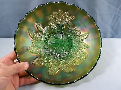 Millersburg Green Carnival Glass Peacock & Urn Ice Cream Bowl 9 5/8  Wide • $174.99