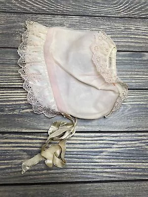 Vintage Baby Infant Clothes Girls Pink White Floral Lacey Bonnet Hat • $20.99