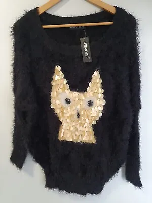 £9.95 • Buy Ladies Urban Mist Fluffy Jumper  With Owl Sequined Motive NWT  Black