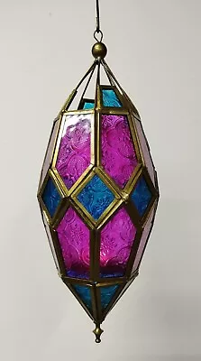 Gold Metal Blue & Pink Glass Hanging Moroccan Lantern Tea Light Holder Garden • £15