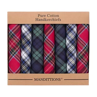 Pack Of 7 Coloured Tartan Plaid 100% Cotton Handkerchiefs For Men • £16.95