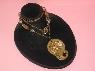 Delicate Vintage Brass Pendant Necklace With Crystals ~ Alphonse Mucha ~ Poetry • $33.11